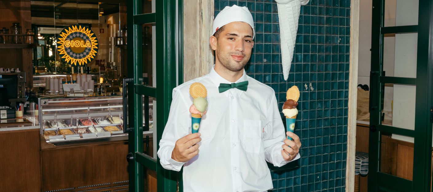 Giola Gelato team serving gelato at Praça das Flores, Lisbon