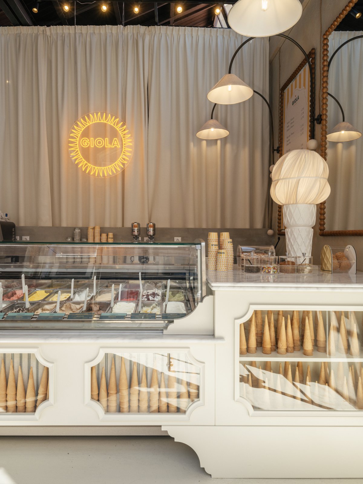Inside Giola LX Factory — counter with pendant lamps