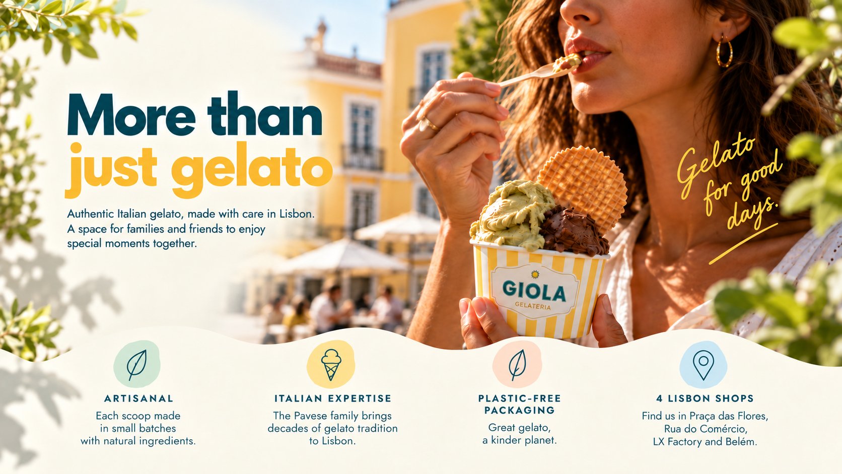 More than just gelato — authentic Italian gelato made with care in Lisbon: artisanal, Italian expertise, plastic-free packaging, 4 Lisbon shops